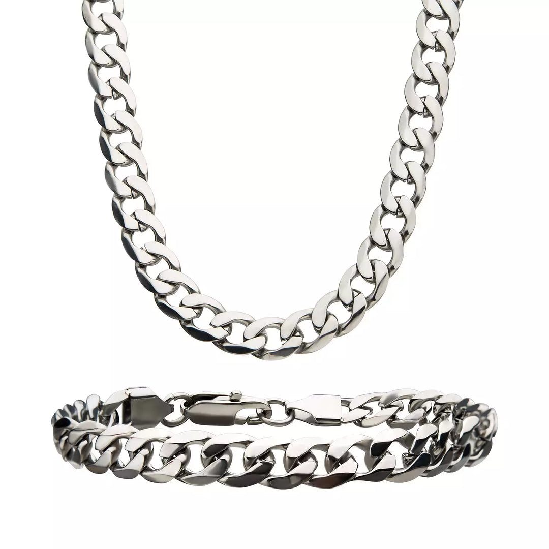 Men's Stainless Steel Curb Chain Necklace & Bracelet Set