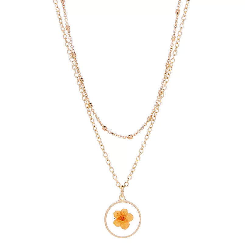 LC Lauren Conrad Pressed Flower Gold Tone Ball Chain Layered Pendant Necklace