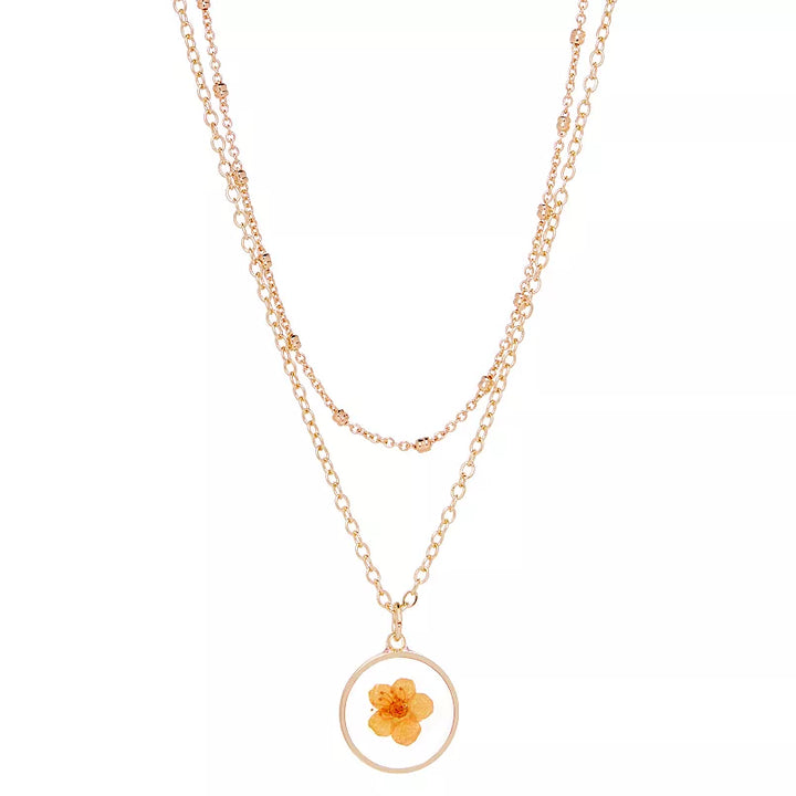 LC Lauren Conrad Pressed Flower Gold Tone Ball Chain Layered Pendant Necklace