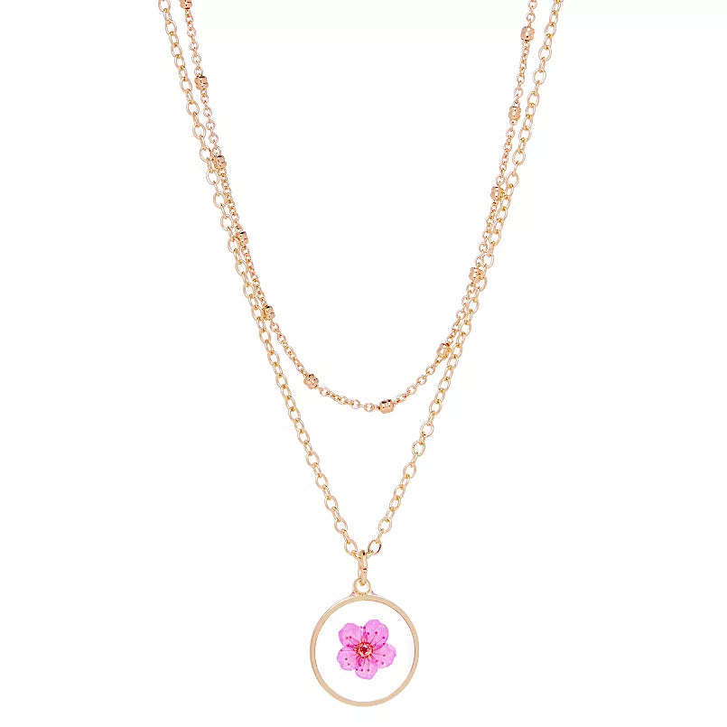 LC Lauren Conrad Pressed Flower Gold Tone Ball Chain Layered Pendant Necklace