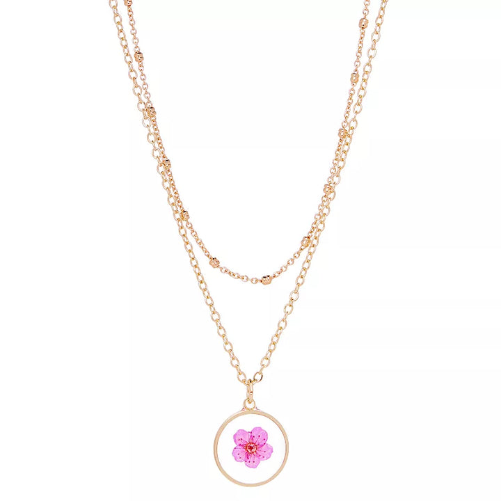 LC Lauren Conrad Pressed Flower Gold Tone Ball Chain Layered Pendant Necklace