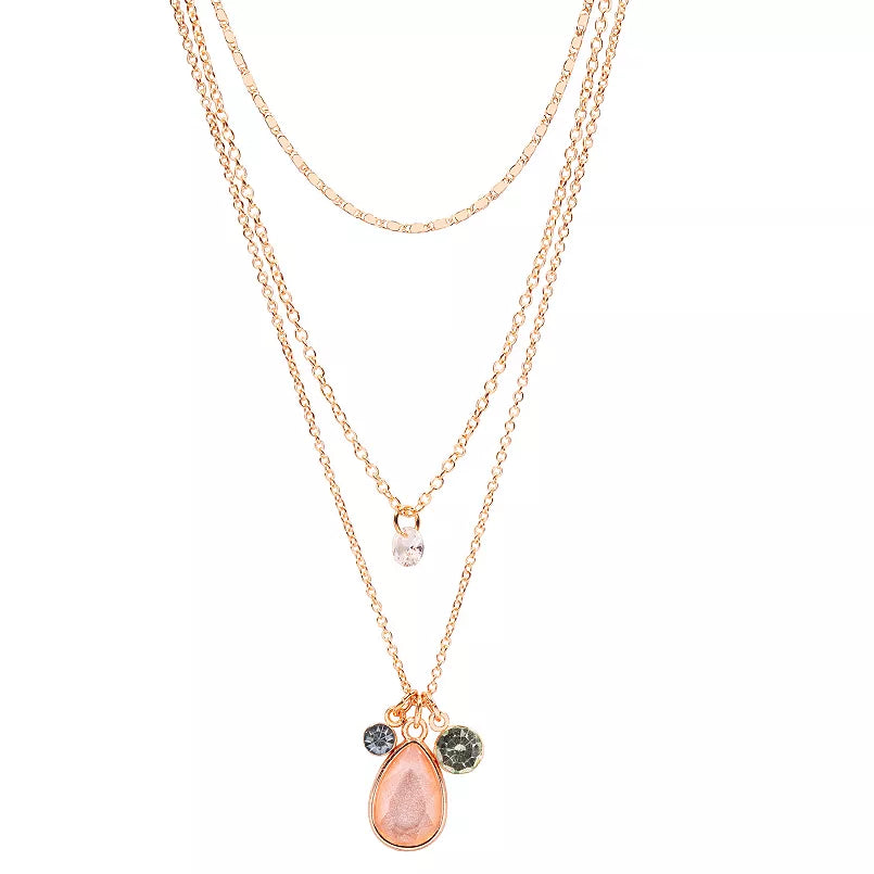 LC Lauren Conrad Gold Tone Peach, Gray, & Pink Crystal Triple-Strand Cluster Pendant Necklace