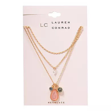 LC Lauren Conrad Gold Tone Peach, Gray, & Pink Crystal Triple-Strand Cluster Pendant Necklace