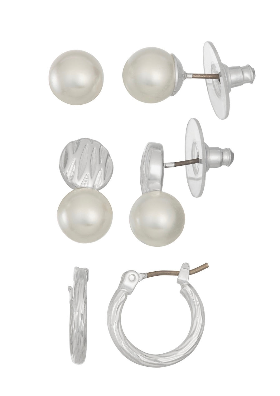 Napier Silver Tone Simulated Pearl
Three-Pack Earrings Set