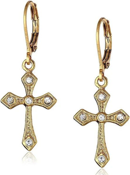 1928 Gold Tone Crystal Cross Drop Earrings